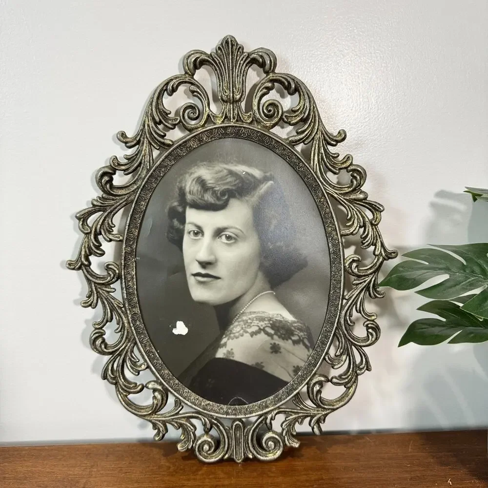 Vintage Art Nouveau Metal Picture Frame Floral Woman 7x9 inch B&W Photo